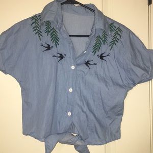 blue button down crop top